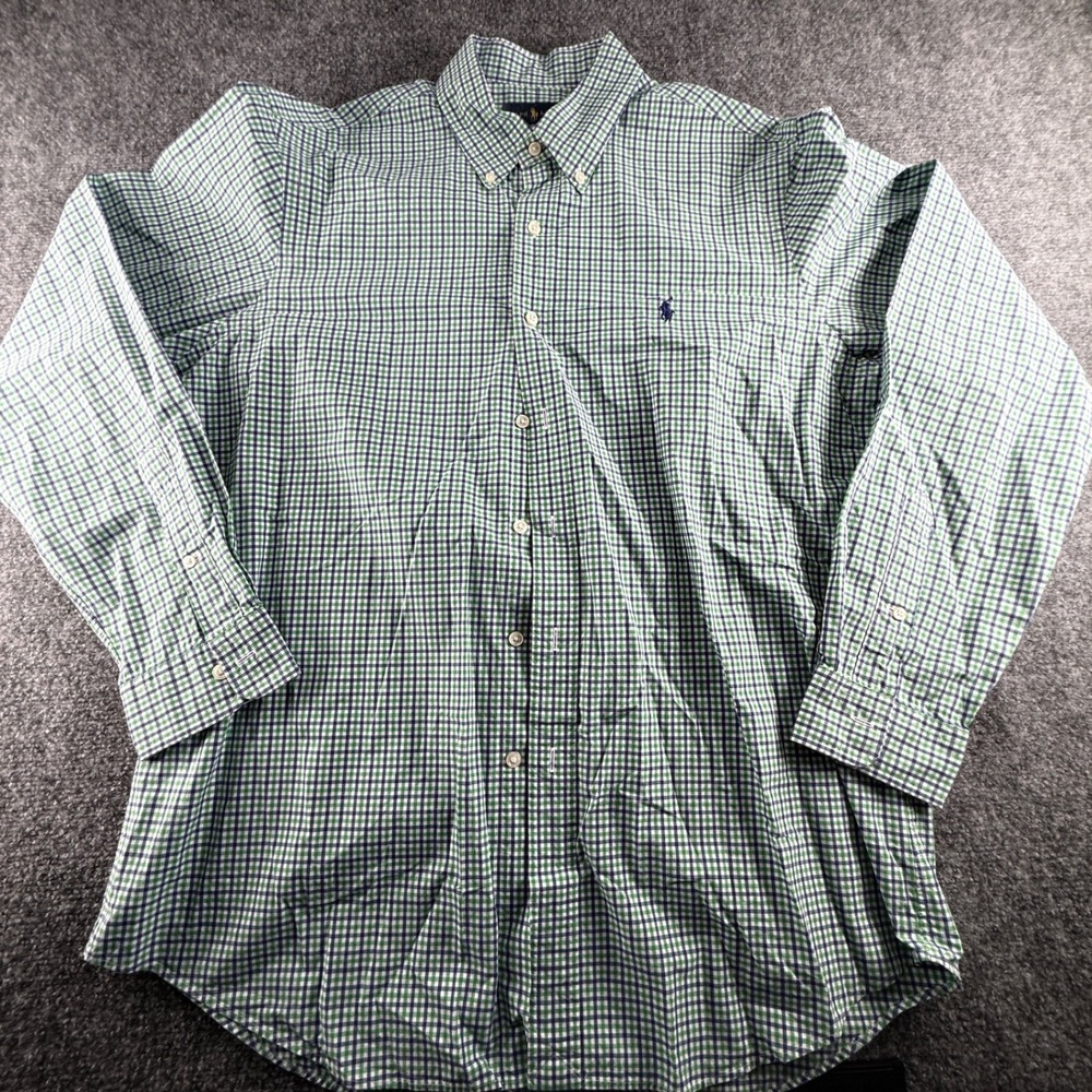 Ralph Lauren Mens Large Gingham Button Down Shirt Green Navy Blue Long Sleeve